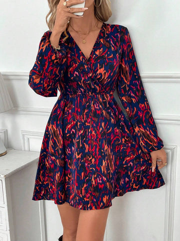 Casual All-Over Print Lantern Sleeve Cinched Waist Dress, Autumn