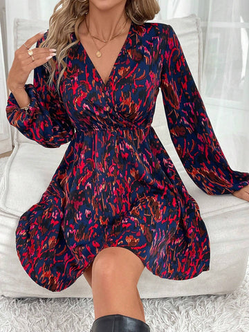 Casual All-Over Print Lantern Sleeve Cinched Waist Dress, Autumn