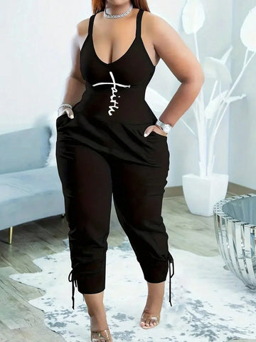 Casual Letter Printed Sleeveless Jumpsuit With Slim Fit And Tied Ankles