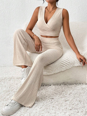 Casual Solid Color Knitted Texture Two Piece Set