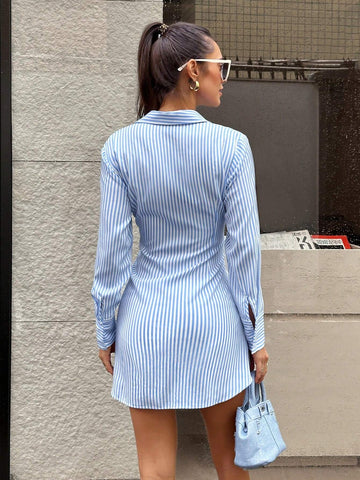 Casual Striped Tie Waist Shirtdress, Autumn