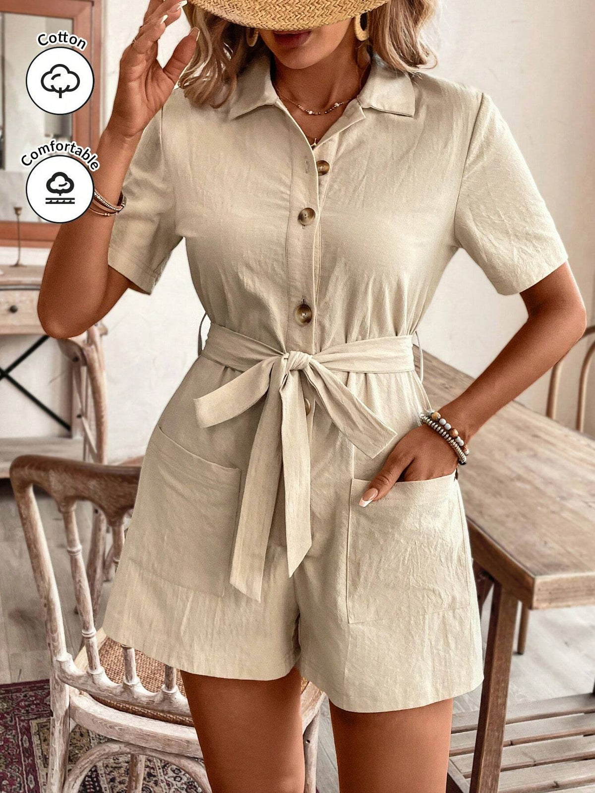 Casual Washed Cotton Rompers, Summer Rompers, Beige Solid Color Rompers, Loose Fitting Rompers With Belt, Two Front Pockets, Front Button Closure, Shirt Collar, Adjustable Belt At Waist, Perfect For Summer Outings, Breathable And Comfortable