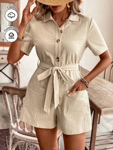 Casual Washed Cotton Rompers, Summer Rompers, Beige Solid Color Rompers, Loose Fitting Rompers With Belt, Two Front Pockets, Front Button Closure, Shirt Collar, Adjustable Belt At Waist, Perfect For Summer Outings, Breathable And Comfortable