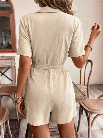 Casual Washed Cotton Rompers, Summer Rompers, Beige Solid Color Rompers, Loose Fitting Rompers With Belt, Two Front Pockets, Front Button Closure, Shirt Collar, Adjustable Belt At Waist, Perfect For Summer Outings, Breathable And Comfortable