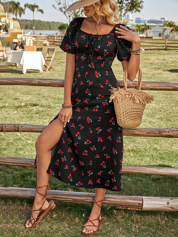 Frenchy Cherry Print High Slit Dress