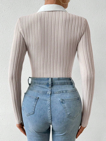 Color-Block Ribbed Knitted Long Sleeve Bodysuit