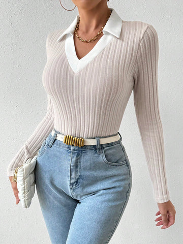 Color-Block Ribbed Knitted Long Sleeve Bodysuit