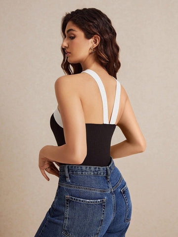 Color Block Shoulder Strap Black And White Jumpsuit, Ribbed Stretchy Material, Bodycon Fit, Built-In Bra Pads, Simple And Beautiful Backless Top