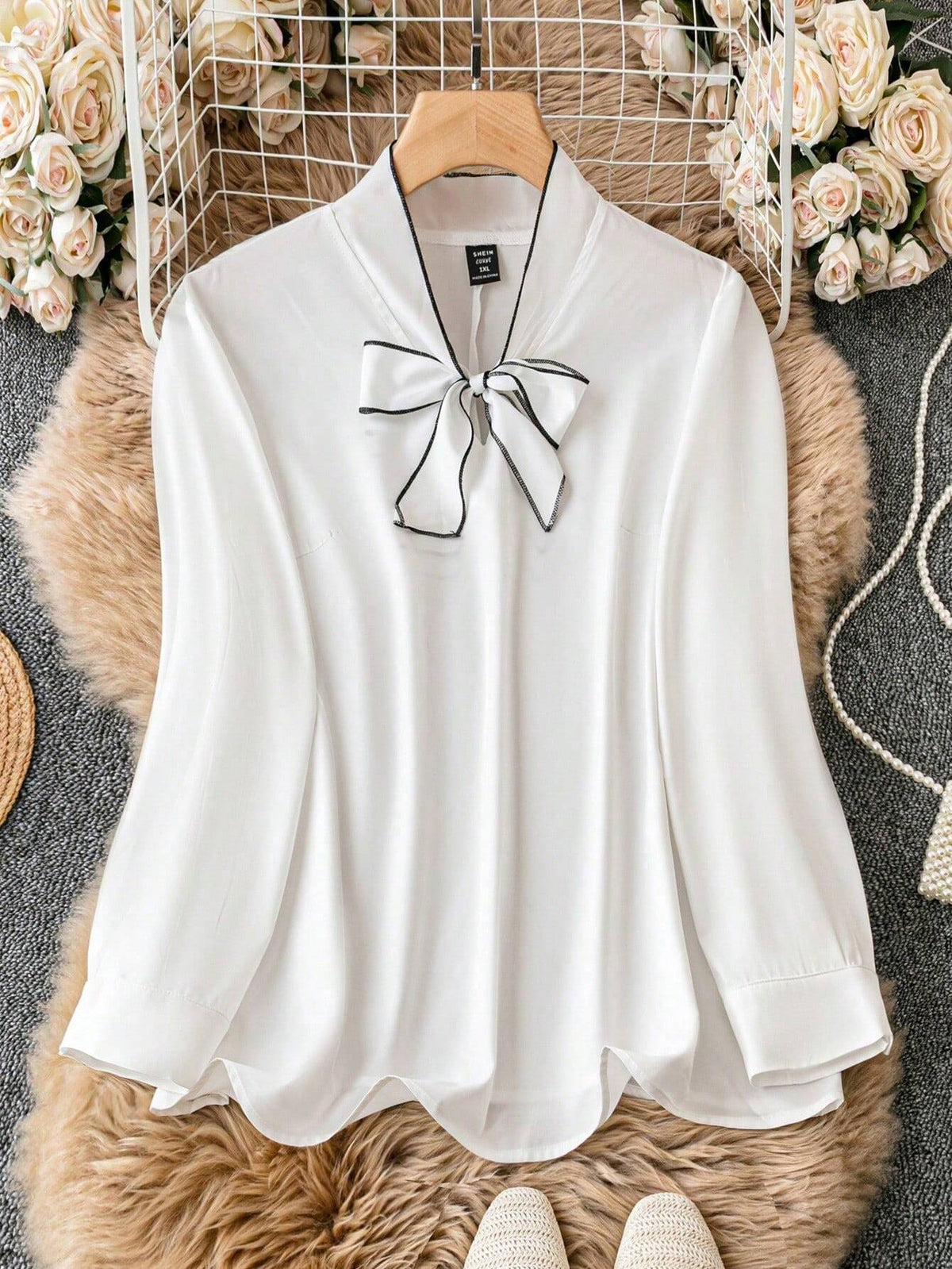 Frenchy Color Block Trim Long Sleeve Casual Loose Fashion Blouse, Everyday Wear