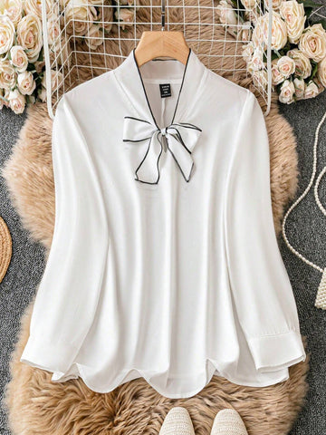 Frenchy Color Block Trim Long Sleeve Casual Loose Fashion Blouse, Everyday Wear