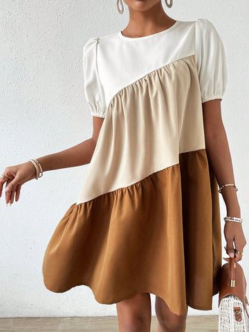 Colorblock Puff Short Sleeve Dress