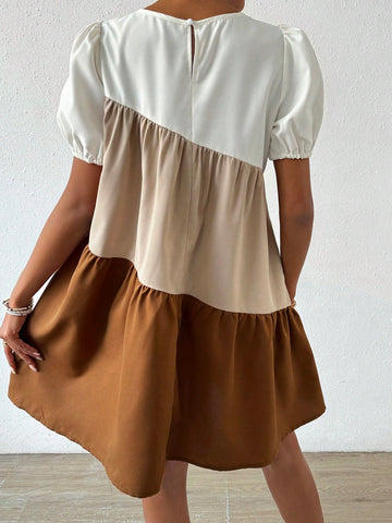 Colorblock Puff Short Sleeve Dress