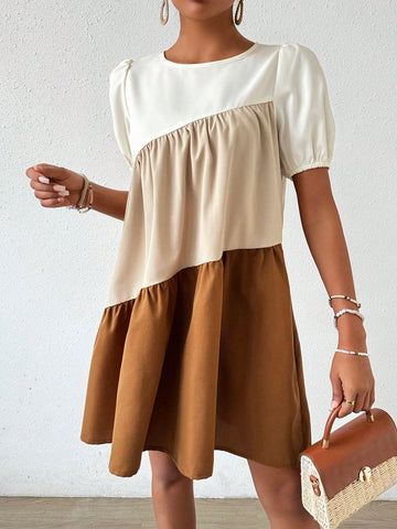 Colorblock Puff Short Sleeve Dress