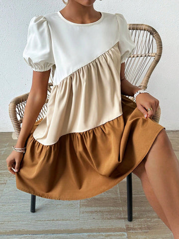 Colorblock Puff Short Sleeve Dress