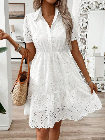Cotton Hollow Out Shirt Collar Puff Sleeves Cute Doll Style Summer White Dress