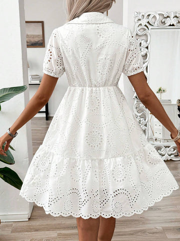 Cotton Hollow Out Shirt Collar Puff Sleeves Cute Doll Style Summer White Dress