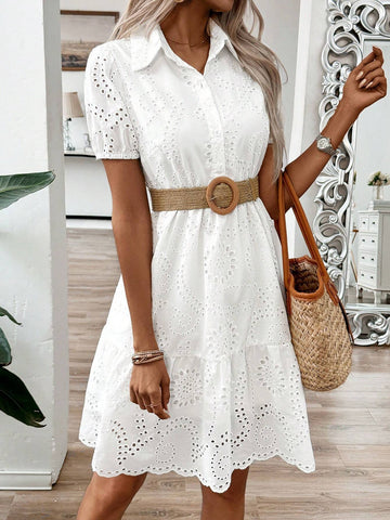 Cotton Hollow Out Shirt Collar Puff Sleeves Cute Doll Style Summer White Dress