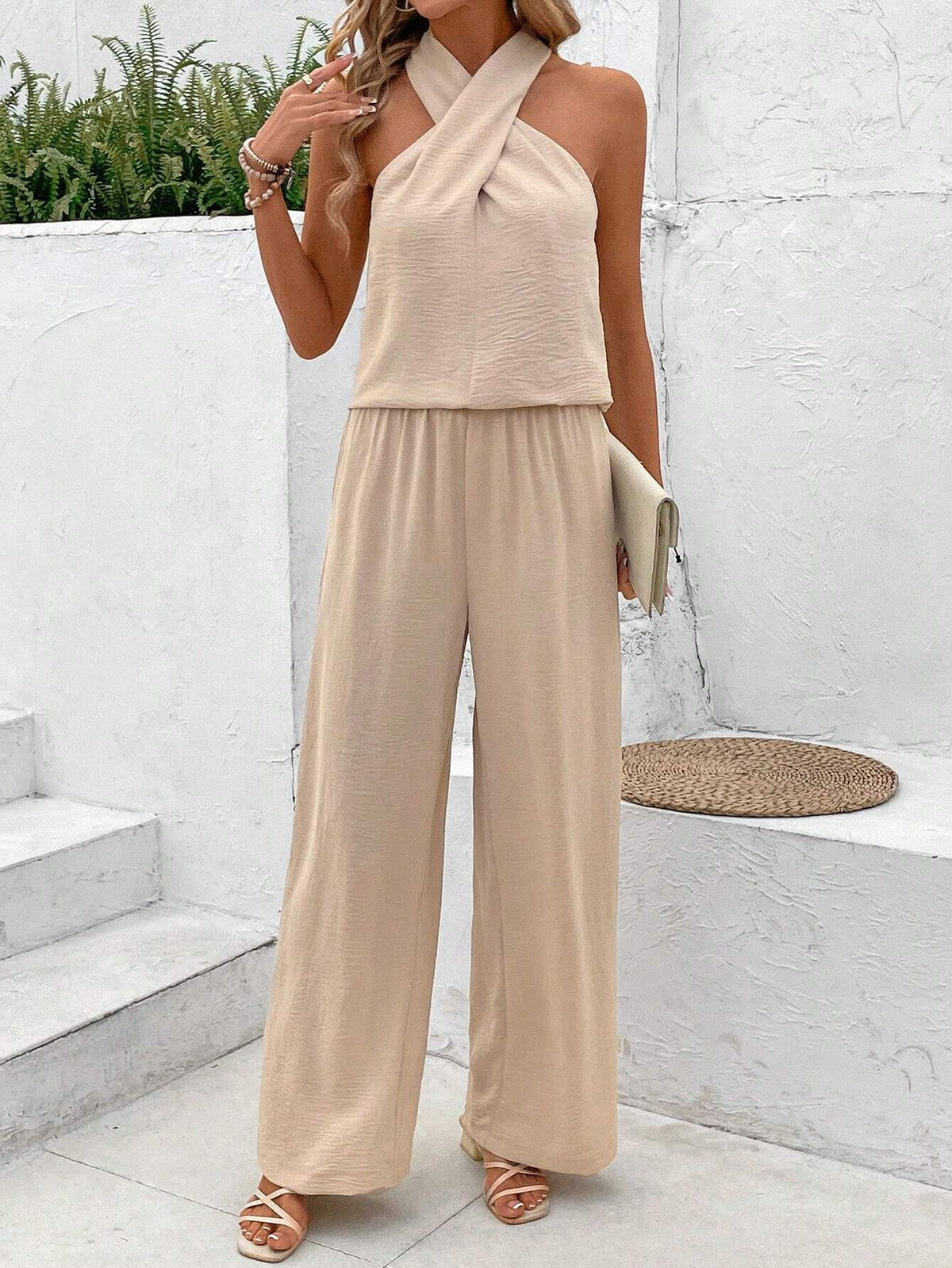 Cross Halter Neckline Wide Leg Pants Pleated Texture Fabric Women Two-Piece Set