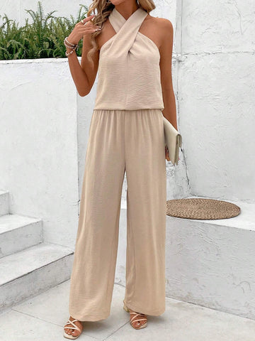 Cross Halter Neckline Wide Leg Pants Pleated Texture Fabric Women Two-Piece Set