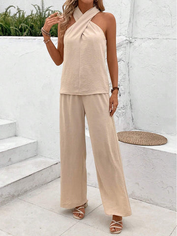 Cross Halter Neckline Wide Leg Pants Pleated Texture Fabric Women Two-Piece Set
