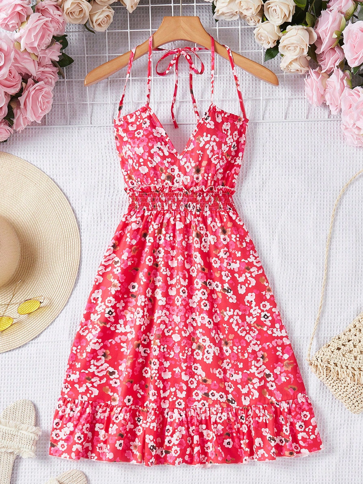 Frenchy Deep V-Neck Floral Print Strappy Dress