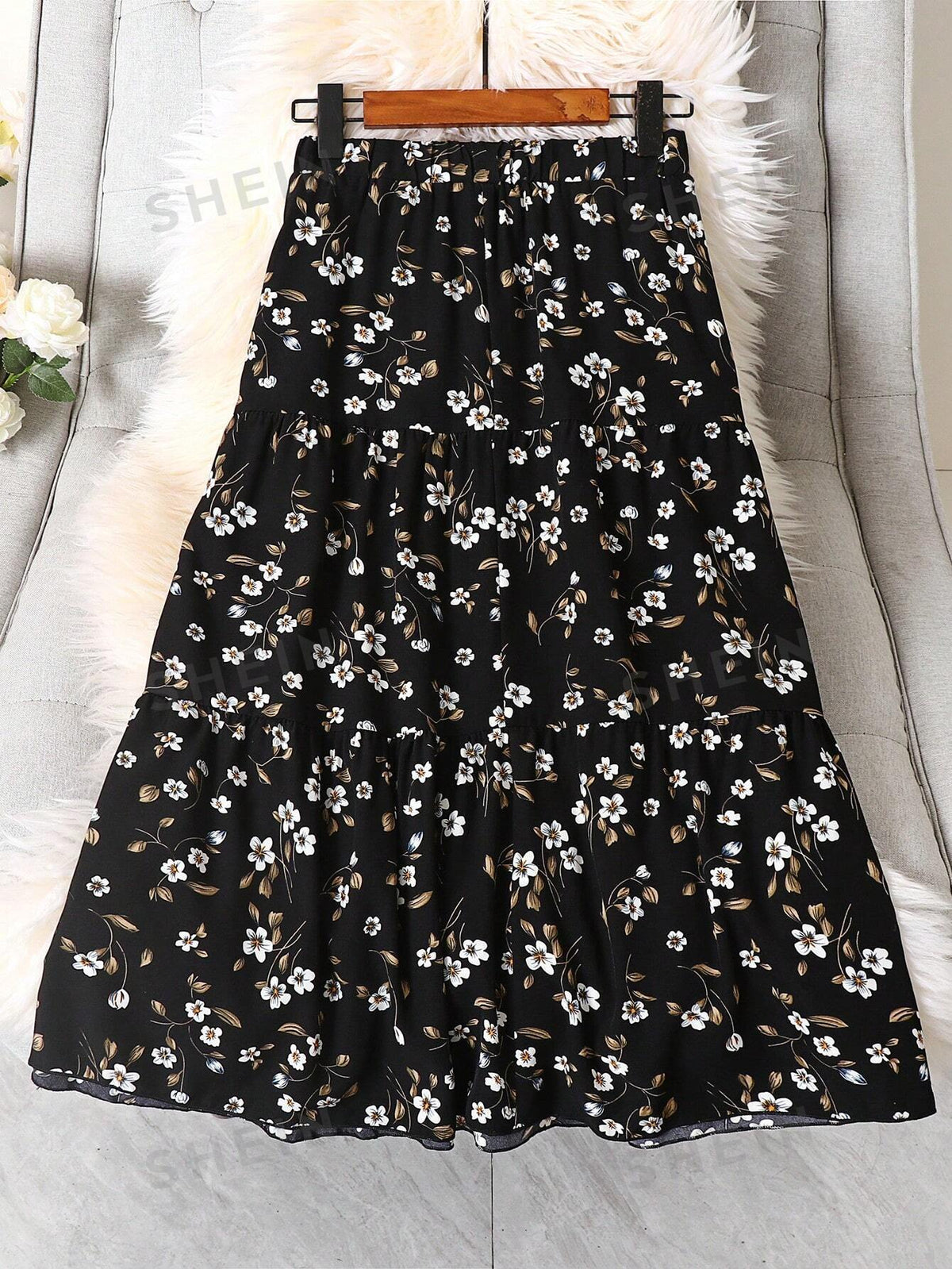 Frenchy Ditsy Floral Print Ruffle Hem Skirt