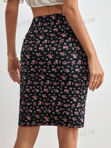 Frenchy Ditsy Floral Print Split Thigh Ruched Skirt