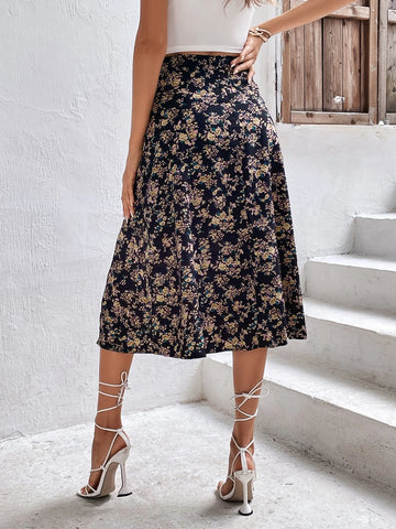 Frenchy Ditsy Floral Print Split Thigh Skirt