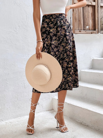 Frenchy Ditsy Floral Print Split Thigh Skirt