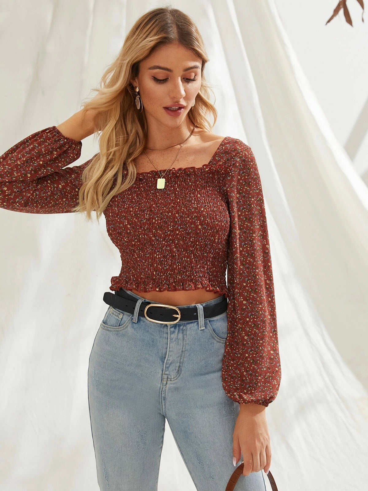 Frenchy Ditsy Floral Smocked Lettuce-Edge Top