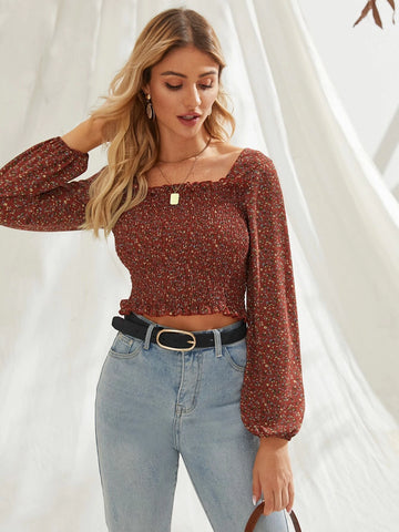 Frenchy Ditsy Floral Smocked Lettuce-Edge Top