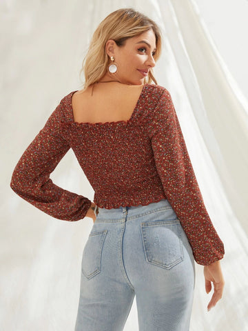 Frenchy Ditsy Floral Smocked Lettuce-Edge Top