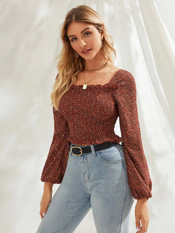 Frenchy Ditsy Floral Smocked Lettuce-Edge Top
