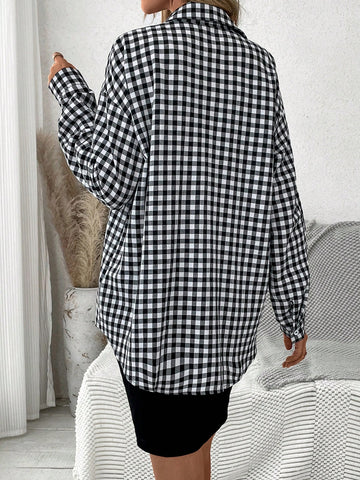 Drop Shoulder Gingham Shirt And Tank Top Dress Set