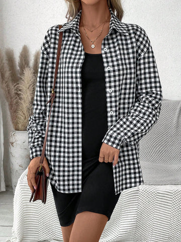 Drop Shoulder Gingham Shirt And Tank Top Dress Set