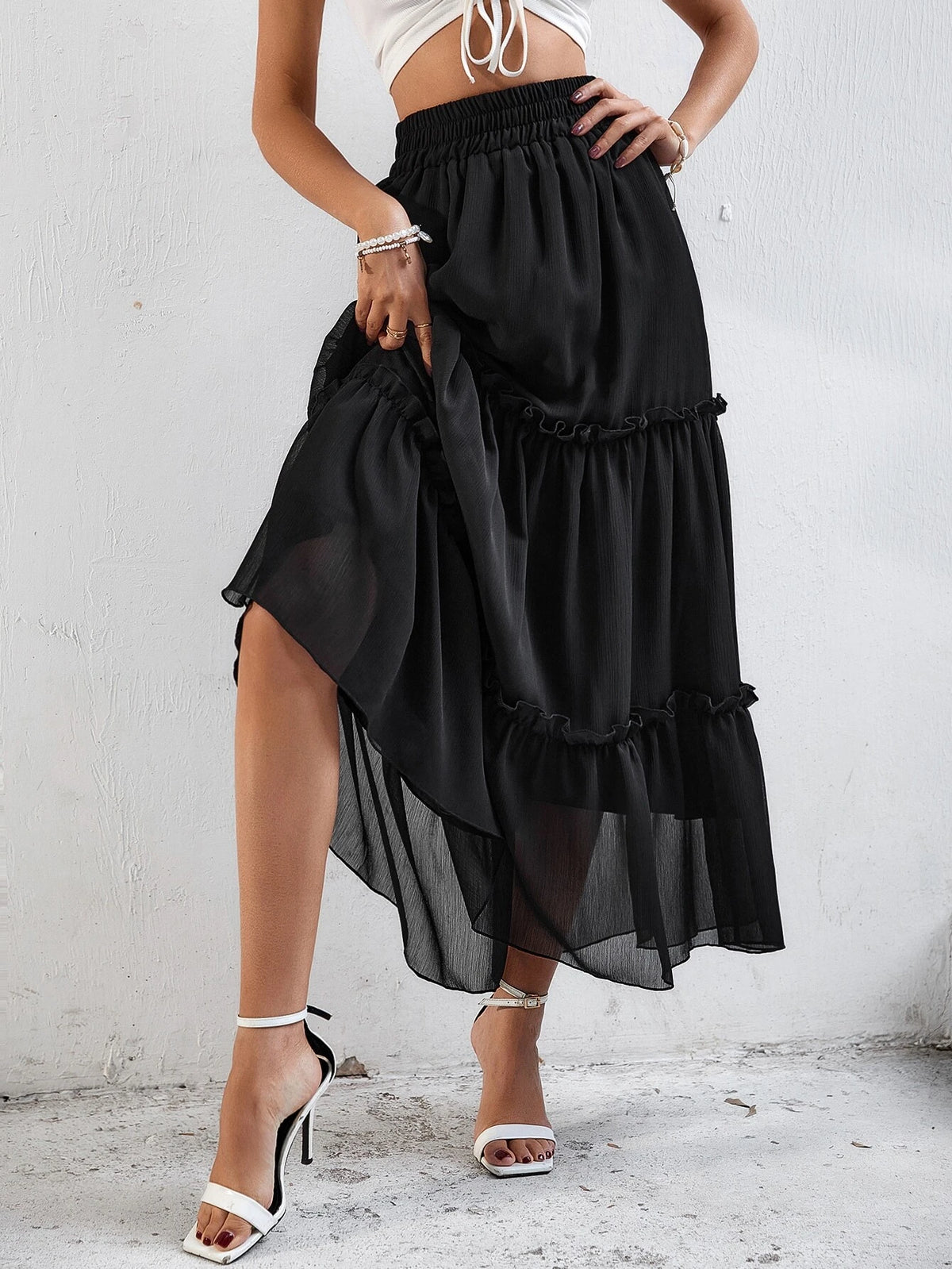 Frenchy Elastic Waist Frill Trim Skirt