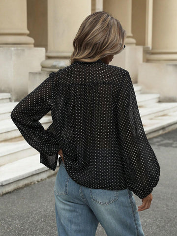 Frenchy Elegant Classic Polka Dot Retro Elegant Tie-Up Semi-Sheer Blouse