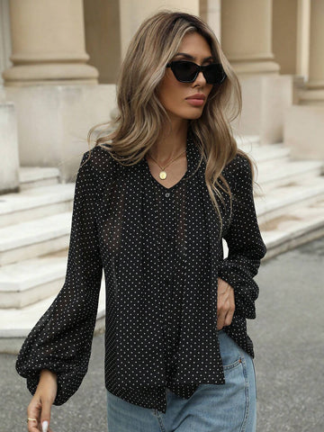 Frenchy Elegant Classic Polka Dot Retro Elegant Tie-Up Semi-Sheer Blouse