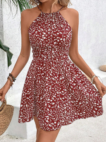 Elegant Halter Backless Beach Dress With Waist Tie And Slit
