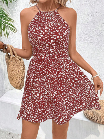 Elegant Halter Backless Beach Dress With Waist Tie And Slit