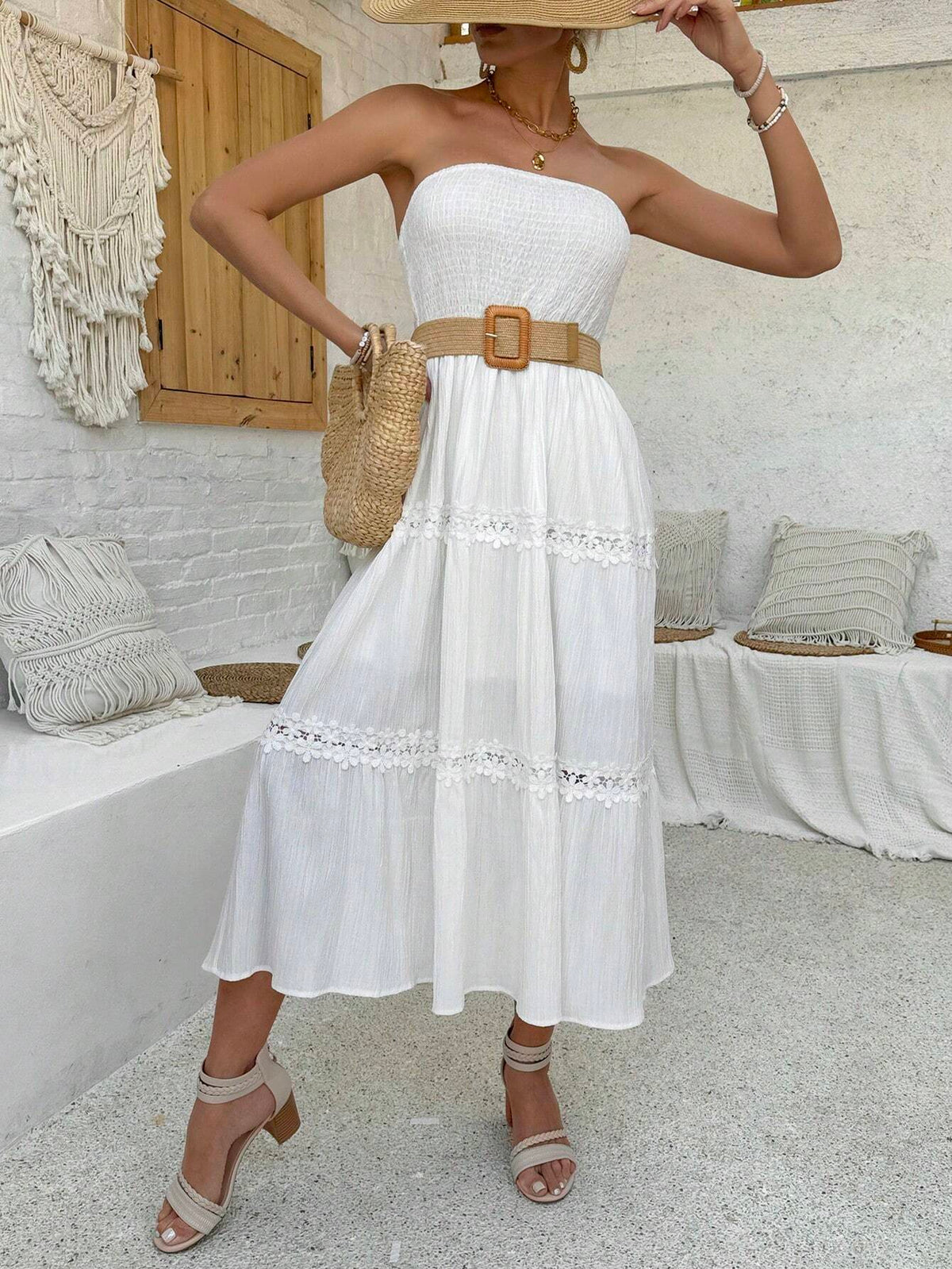 Elegant Holiday Strapless Floral Lace Patchwork Dress