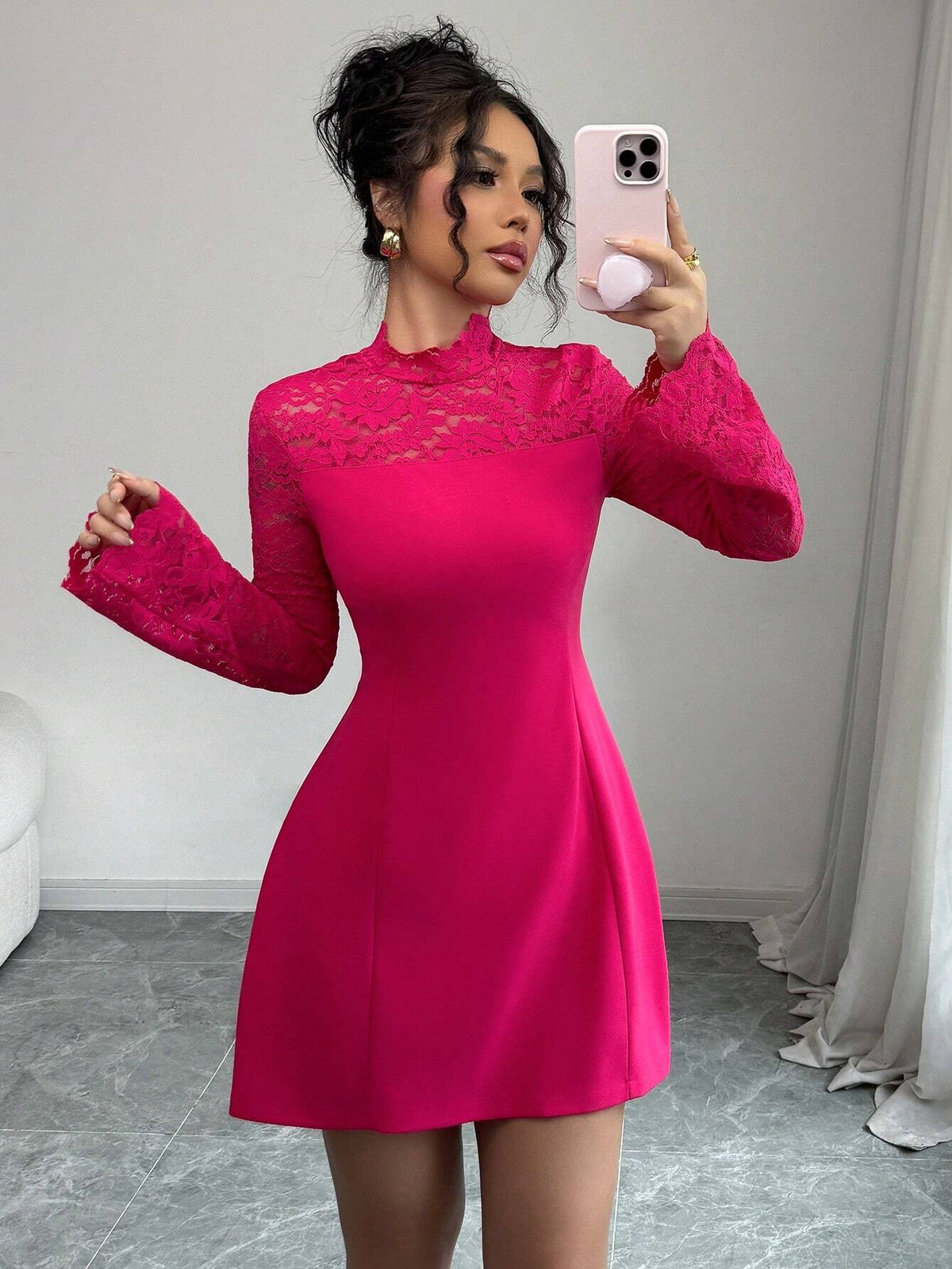 Elegant Magenta V-Neck Lace Patchwork Fit And Flare Long Sleeve Dress For Women, Valentine"S Day