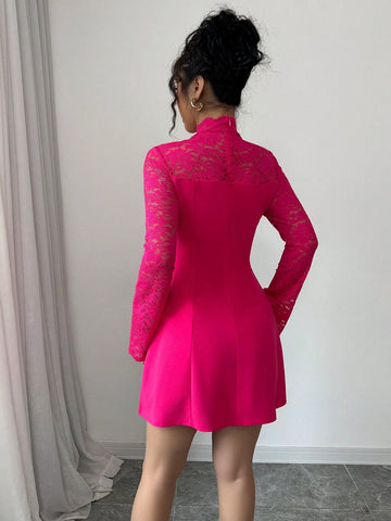 Elegant Magenta V-Neck Lace Patchwork Fit And Flare Long Sleeve Dress For Women, Valentine"S Day
