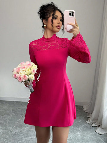 Elegant Magenta V-Neck Lace Patchwork Fit And Flare Long Sleeve Dress For Women, Valentine"S Day