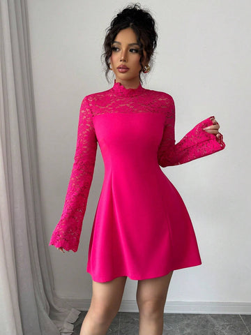 Elegant Magenta V-Neck Lace Patchwork Fit And Flare Long Sleeve Dress For Women, Valentine"S Day