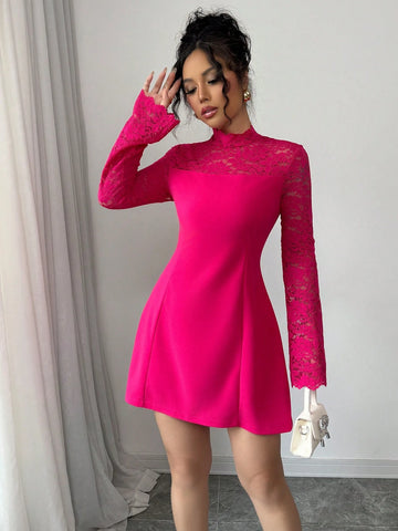 Elegant Magenta V-Neck Lace Patchwork Fit And Flare Long Sleeve Dress For Women, Valentine"S Day