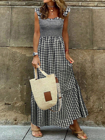 Elegant Plaid Spaghetti Strap Bodycon Dress With Ruffle Hem For Vacation