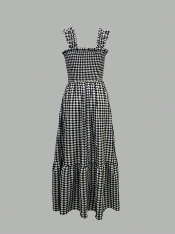 Elegant Plaid Spaghetti Strap Bodycon Dress With Ruffle Hem For Vacation