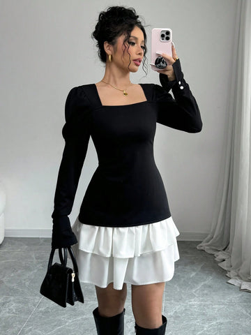 Elegant Puff Sleeve Palace Style Top And Layered Skirt Two Piece Set