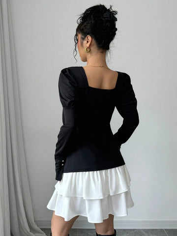 Elegant Puff Sleeve Palace Style Top And Layered Skirt Two Piece Set